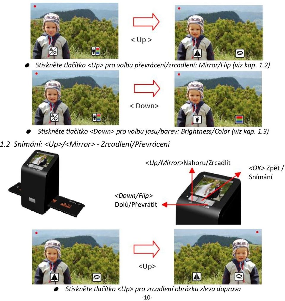 2 Snímání: <Up>/<Mirror> - Zrcadlení/Převrácení <Up/Mirror>Nahoru/Zrcadlit <OK> Zpět /