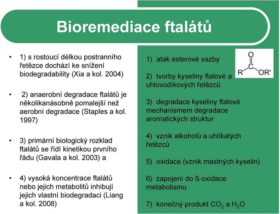 1997) 3) primární biologický rozklad ftalátů se řídí kinetikou prvního řádu (Gavala a kol.