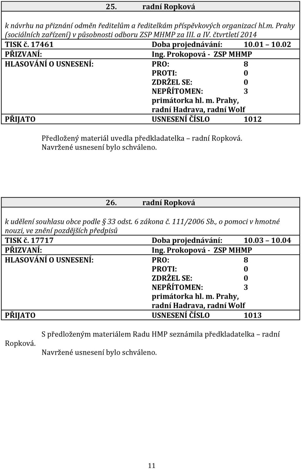 Prahy, radní Hadrava, radní Wolf PŘIJATO USNESENÍ ČÍSLO 1012 Předložený materiál uvedla předkladatelka radní Ropková. 26. radní Ropková k udělení souhlasu obce podle 33 odst. 6 zákona č. 111/2006 Sb.