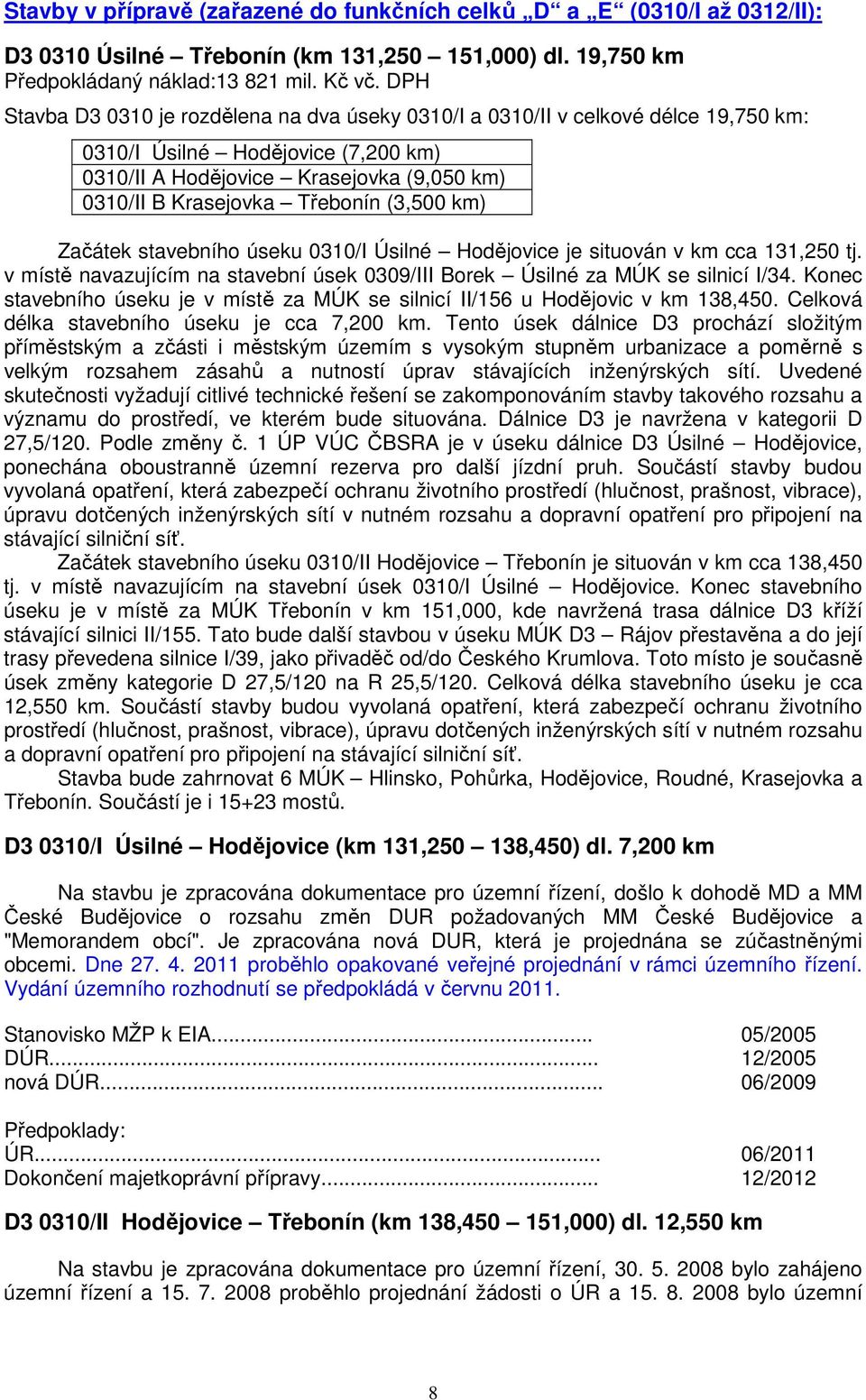 (3,500 km) Začátek stavebního úseku 0310/I Úsilné Hodějovice je situován v km cca 131,250 tj. v místě navazujícím na stavební úsek 0309/III Borek Úsilné za MÚK se silnicí I/34.