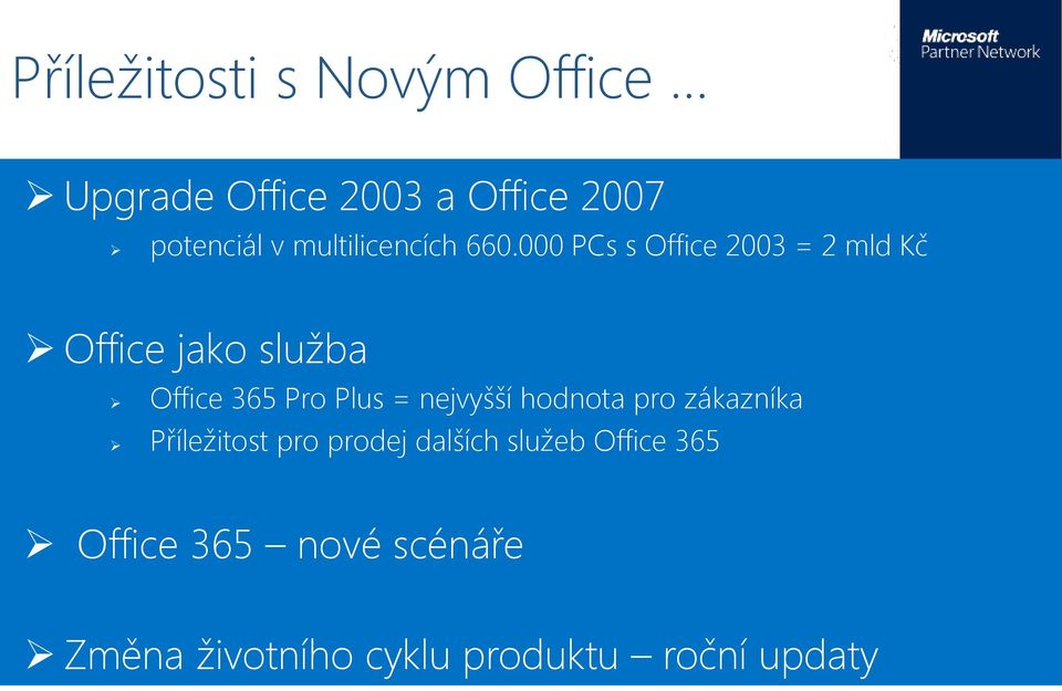 000 PCs s Office 2003 = 2 mld Kč Office jako služba Office 365 Pro Plus =