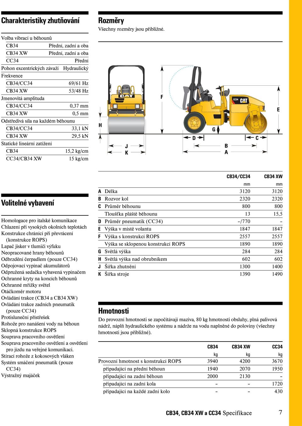 mm Odstředivá síla na každém běhounu CB34/CC34 33,1 kn 29,5 kn Statické lineární zatížení CB34 15,2 kg/cm CC34/ 15 kg/cm H J K F D G B A C E Volitelné vybavení Homologace pro italské komunikace