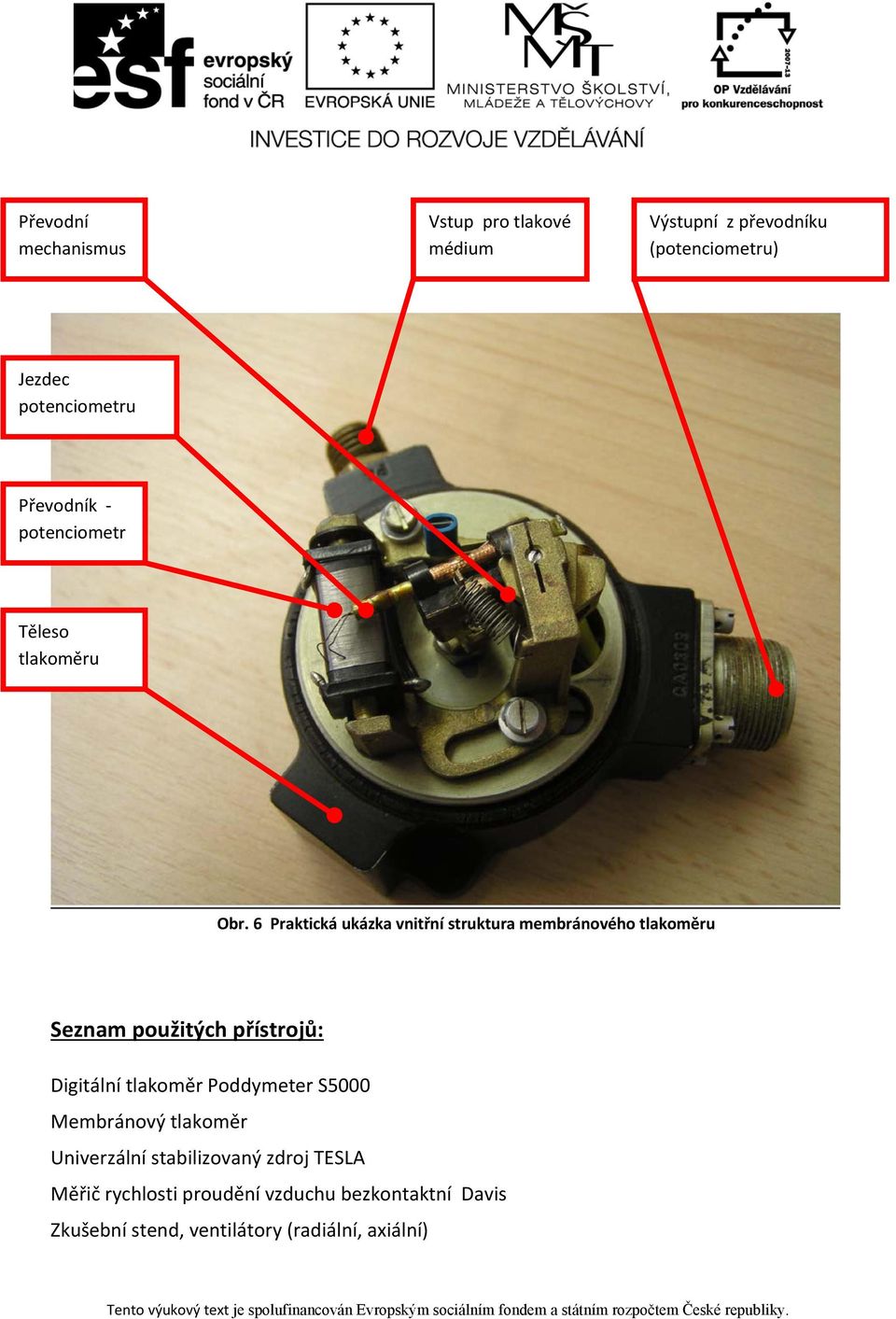6 Praktická ukázka vnitřní struktura membránového tlakoměru Seznam použitých přístrojů: Digitální tlakoměr