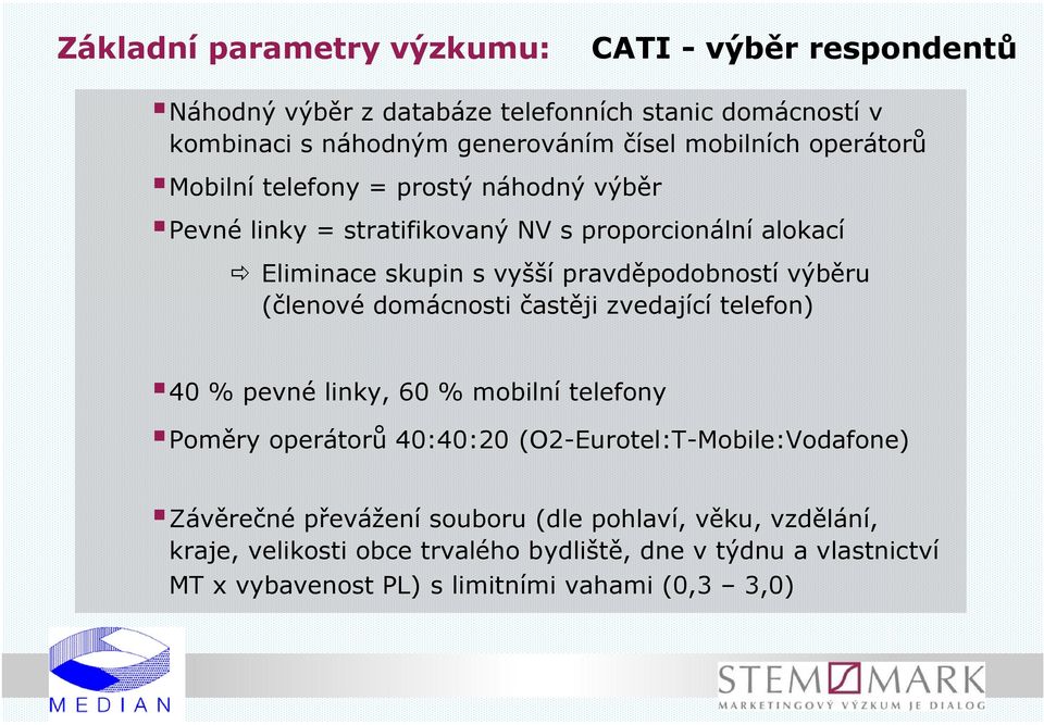 pravděpodobností výběru (členové domácnosti častěji zvedající telefon) 40 % pevné linky, 60 % mobilní telefony Poměry operátorů 40:40:20