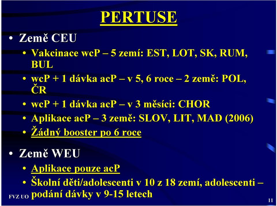 země: : SLOV, LIT, MAD (2006) Žádný booster po 6 roce Země WEU Aplikace pouze acp