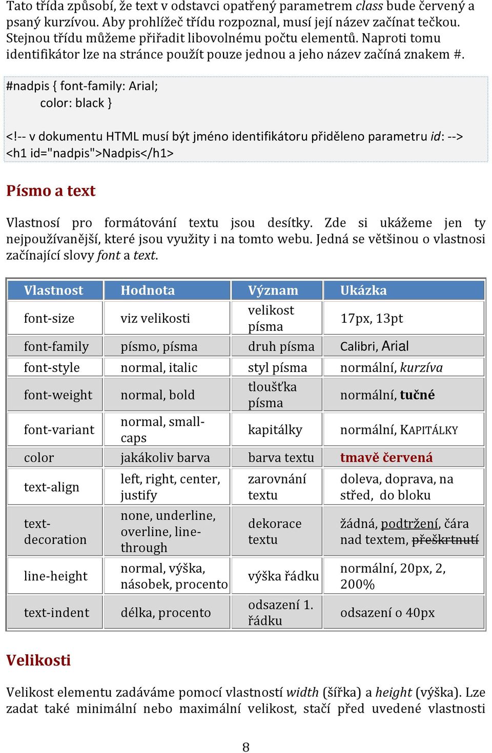 -- v dokumentu HTML musí být jméno identifikátoru přiděleno parametru id: --> <h1 id="nadpis">nadpis</h1> Písmo a text Vlastnosí pro formátování textu jsou desítky.