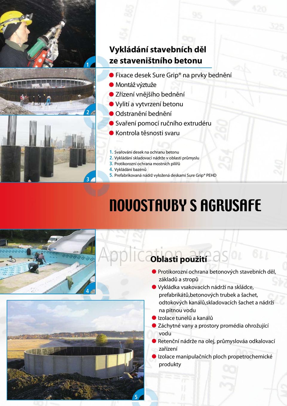 Prefabrikovaná nádrž vyložená deskami Sure Grip PEHD NOVOSTAVBY S AGRUSAFE Application areas Oblasti použití 4 Protikorozní ochrana betonových stavebních děl, základů a stropů Vykládka vsakovacích