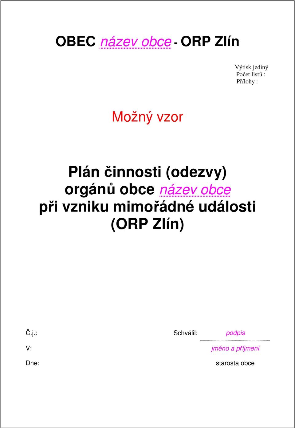 název obce při vzniku mimořádné události (ORP Zlín) Č.j.