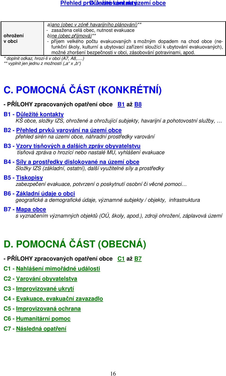 dopadem na chod obce (nefunkční školy, kulturní a ubytovací zařízení sloužící k ubytování evakuovaných), možné zhoršení bezpečnosti, zásobování potravinami, apod. C.
