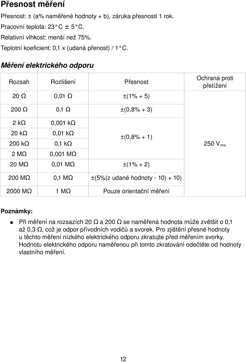 0,01 MΩ ±(1% + 2) 250 V rms 200 MΩ 0,1 MΩ ±(5%(z udané hodnoty 10) + 10) 2000 MΩ 1 MΩ Pouze orientační měření Poznámky: Při měření na rozsazích 20 Ω a 200 Ω se naměřená hodnota může zvětšit o 0,1 až