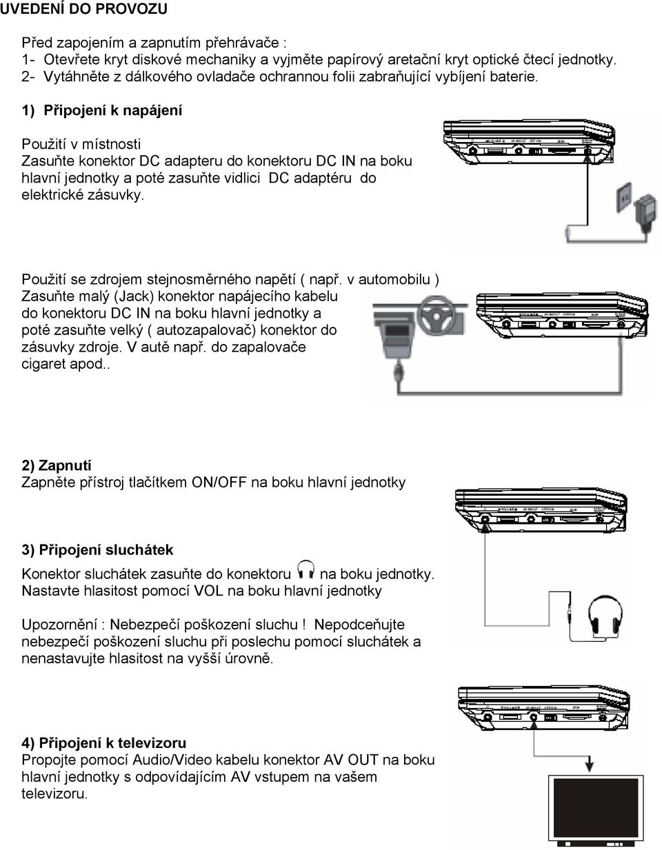 1) Připojení k napájení Použití v místnosti Zasuňte konektor DC adapteru do konektoru DC IN na boku hlavní jednotky a poté zasuňte vidlici DC adaptéru do elektrické zásuvky.