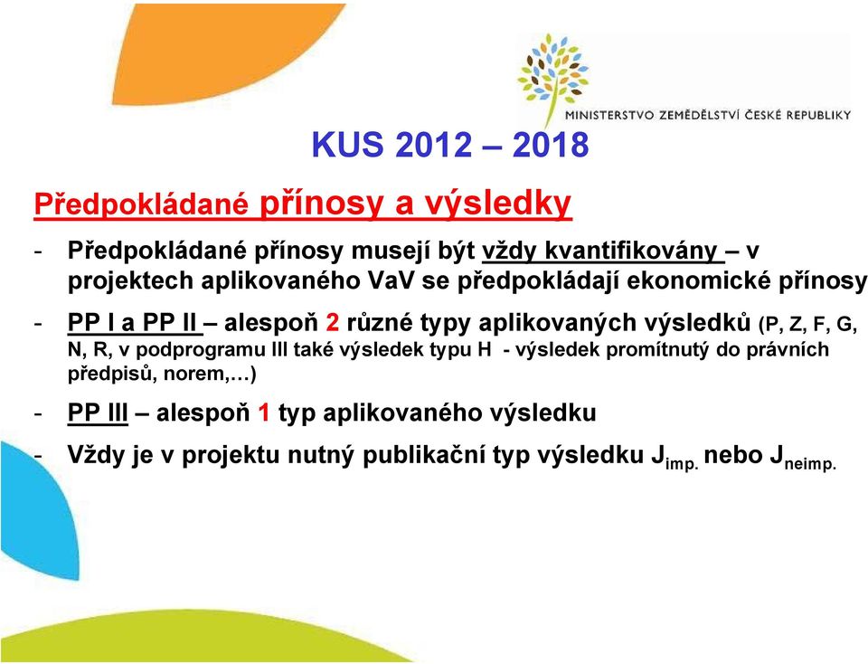 výsledků (P, Z, F, G, N, R, v podprogramu III také výsledek typu H - výsledek promítnutý do právních předpisů, norem,