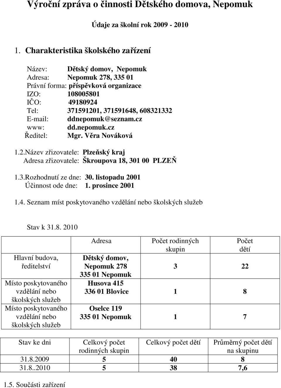 E-mail: ddnepomuk@seznam.cz www: dd.nepomuk.cz Ředitel: Mgr. Věra Nováková 1.2.Název zřizovatele: Plzeňský kraj Adresa zřizovatele: Škroupova 18, 301 00 PLZEŇ 1.3.Rozhodnutí ze dne: 30.