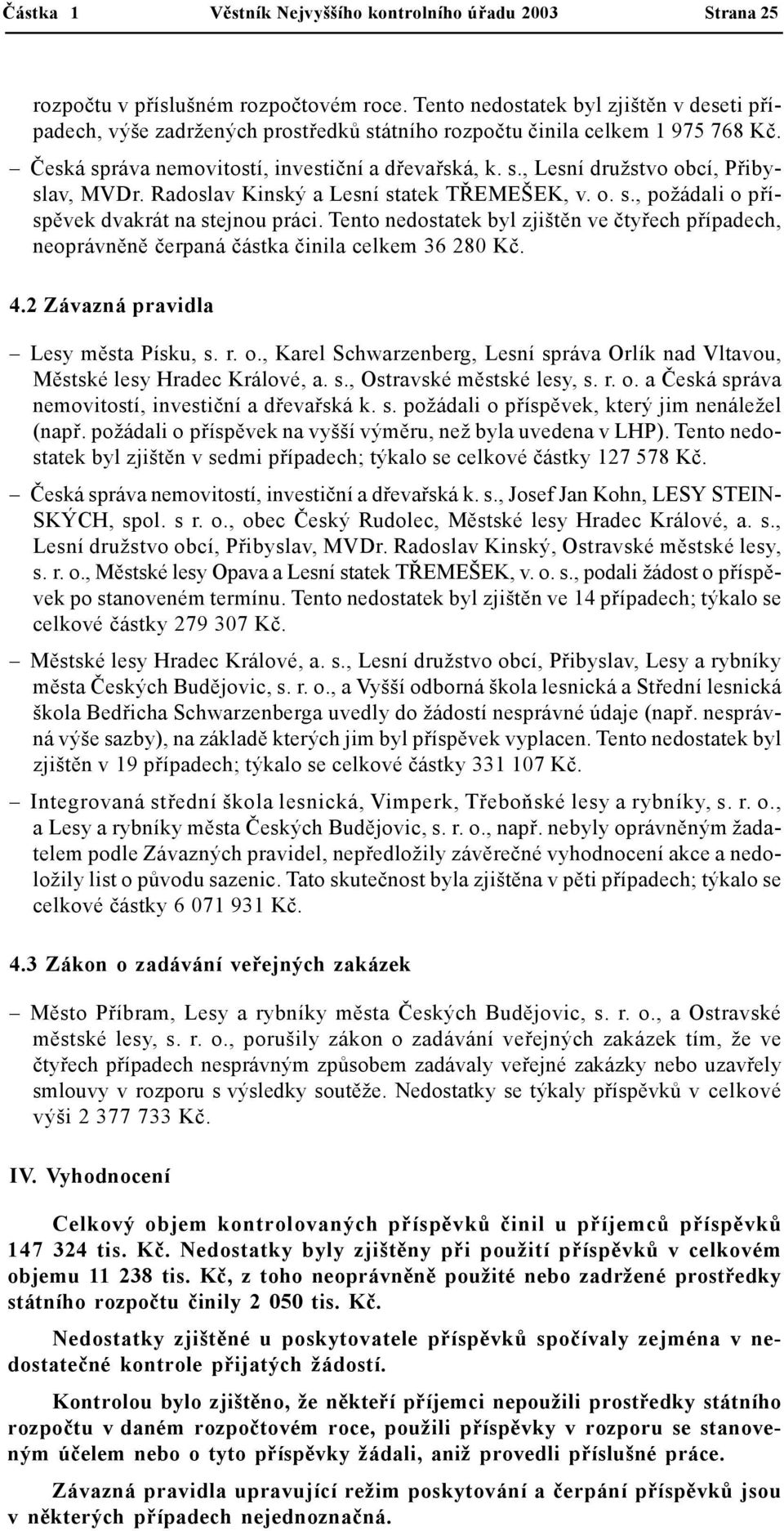 Radoslav Kinský a Lesní statek TŘEMEŠEK, v. o. s., požádali o příspěvek dvakrát na stejnou práci. Tento nedostatek byl zjištěn ve čtyřech případech, neoprávněně čerpaná částka činila celkem 36 280 Kč.