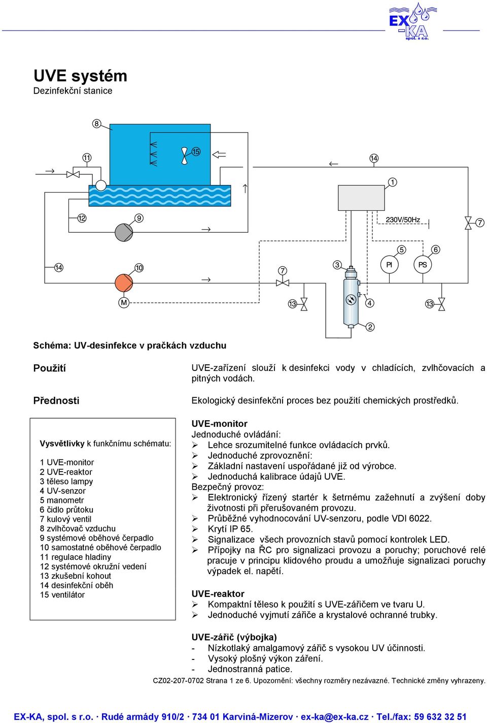 Vysvětlivky k funkčnímu schématu: 1 UVE-monitor 2 UVE-reaktor 3 těleso lampy 4 UV-senzor 5 manometr 6 čidlo průtoku 7 kulový ventil 8 zvlhčovač vzduchu 9 systémové oběhové čerpadlo 10 samostatné