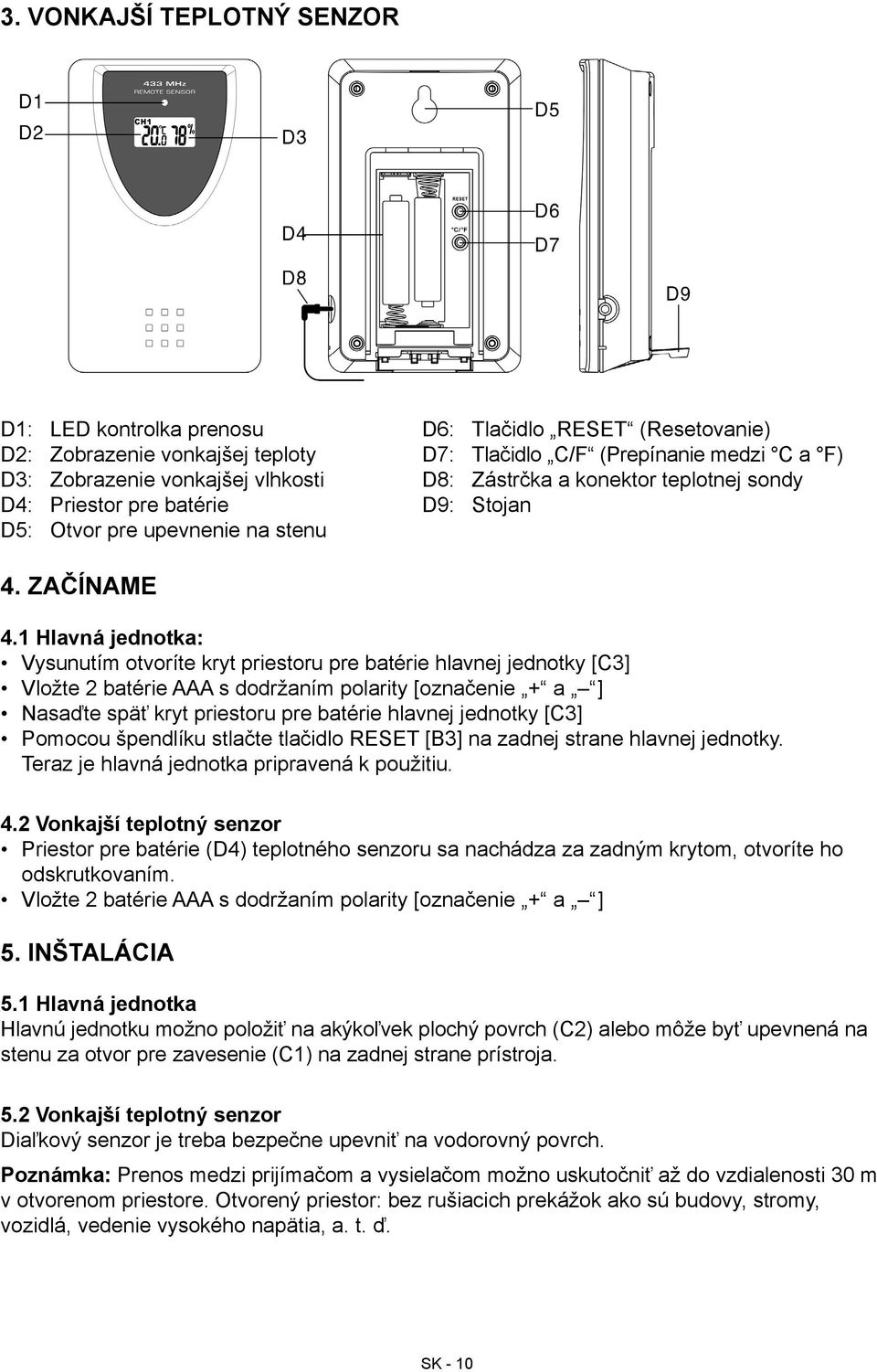 1 Hlavná jednotka: Vysunutím otvoríte kryt priestoru pre batérie hlavnej jednotky [C3] Vložte 2 batérie AAA s dodržaním polarity [označenie + a ] Nasaďte späť kryt priestoru pre batérie hlavnej