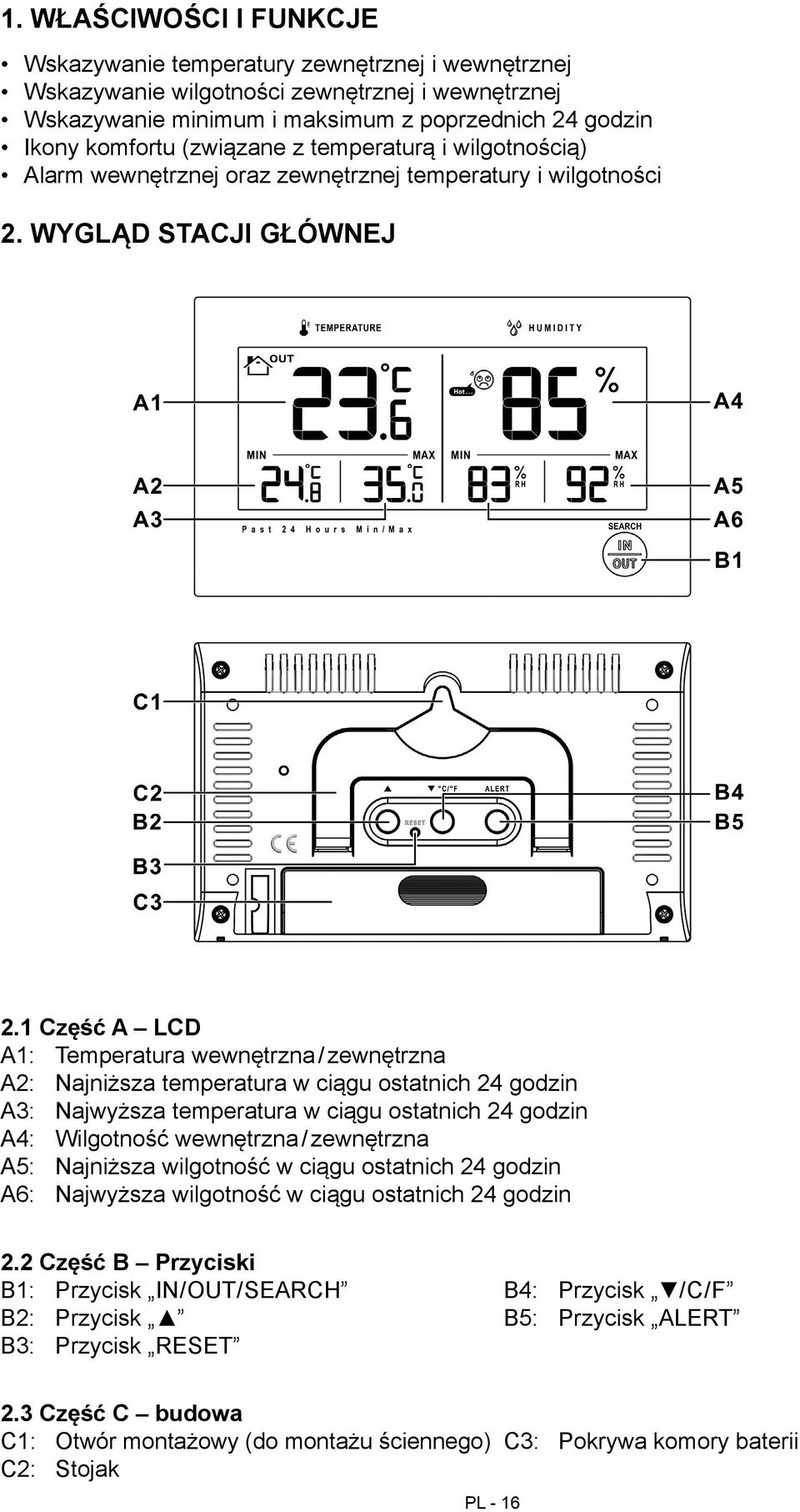 1 Część A LCD A1: Temperatura wewnętrzna / zewnętrzna A2: Najniższa temperatura w ciągu ostatnich 24 godzin A3: Najwyższa temperatura w ciągu ostatnich 24 godzin A4: Wilgotność wewnętrzna /