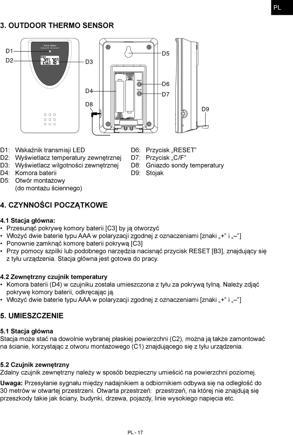 1 Stacja główna: Przesunąć pokrywę komory baterii [C3] by ją otworzyć Włożyć dwie baterie typu AAA w polaryzacji zgodnej z oznaczeniami [znaki + i ] Ponownie zamknąć komorę baterii pokrywą [C3] Przy