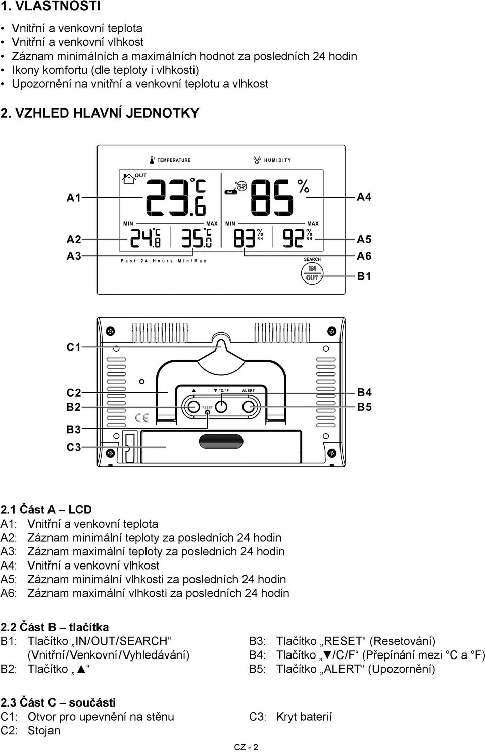 1 Část A LCD A1: Vnitřní a venkovní teplota A2: Záznam minimální teploty za posledních 24 hodin A3: Záznam maximální teploty za posledních 24 hodin A4: Vnitřní a venkovní vlhkost A5: Záznam minimální