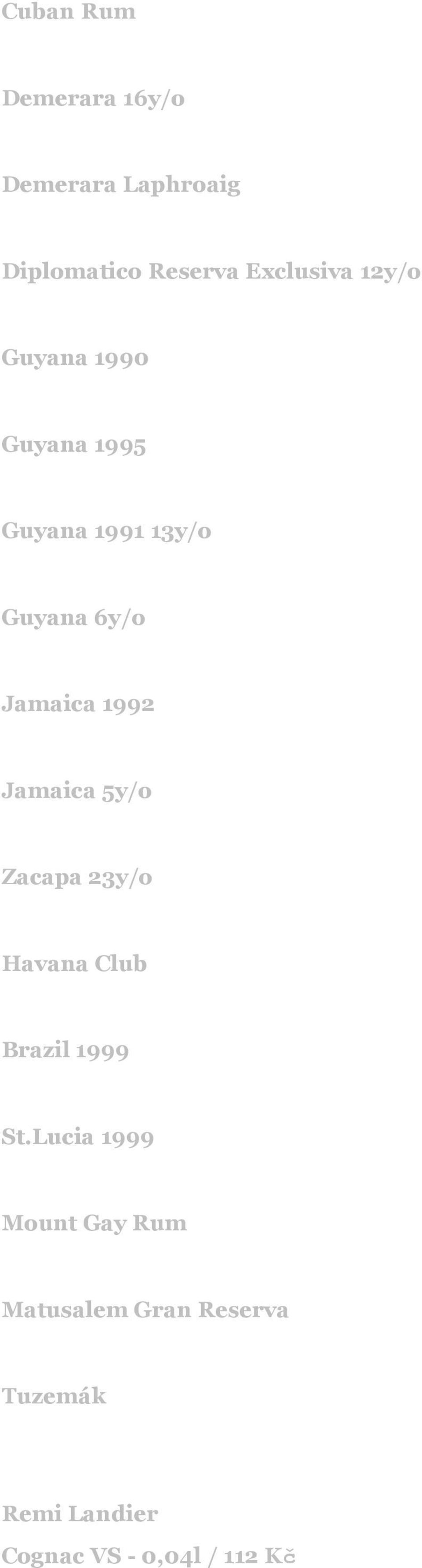 Kč Jamaica 5y/o 124,- Kč Zacapa 23y/o 145,- Kč Havana Club 72,- Kč Brazil 1999 159,- Kč St.