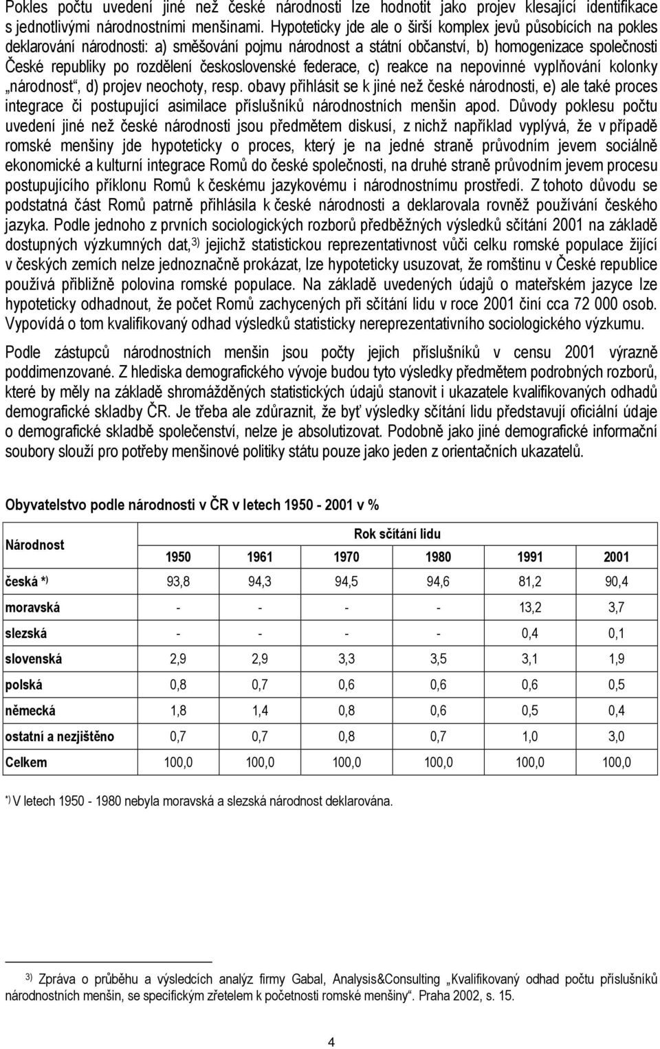 československé federace, c) reakce na nepovinné vyplňování kolonky národnost, d) projev neochoty, resp.