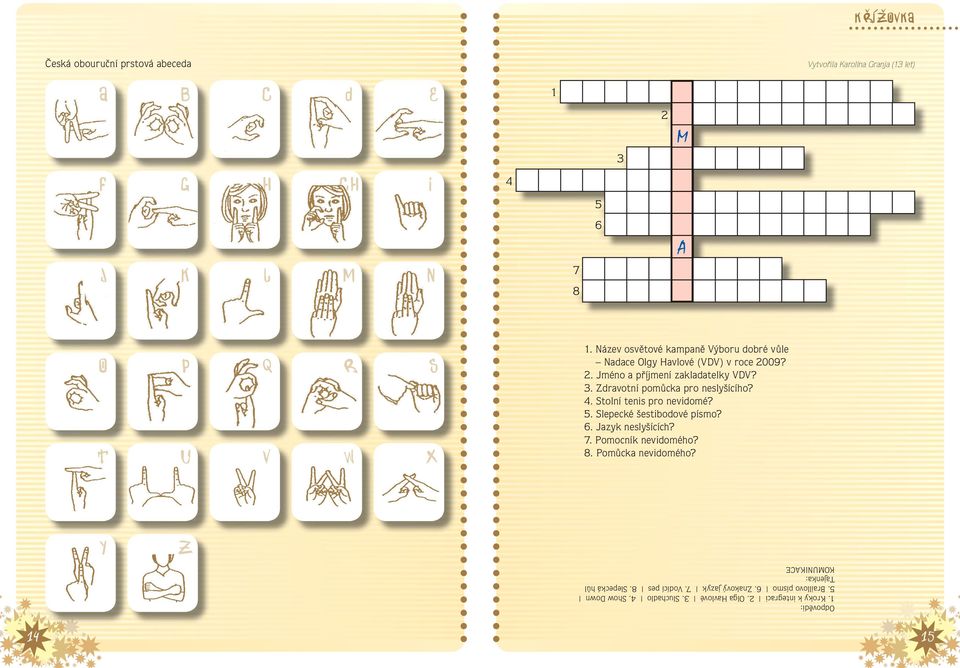 Zdravotní pomůcka pro neslyšícího? 4. Stolní tenis pro nevidomé? 5. Slepecké šestibodové písmo? 6. Jazyk neslyšících? 7. Pomocník nevidomého? 8.