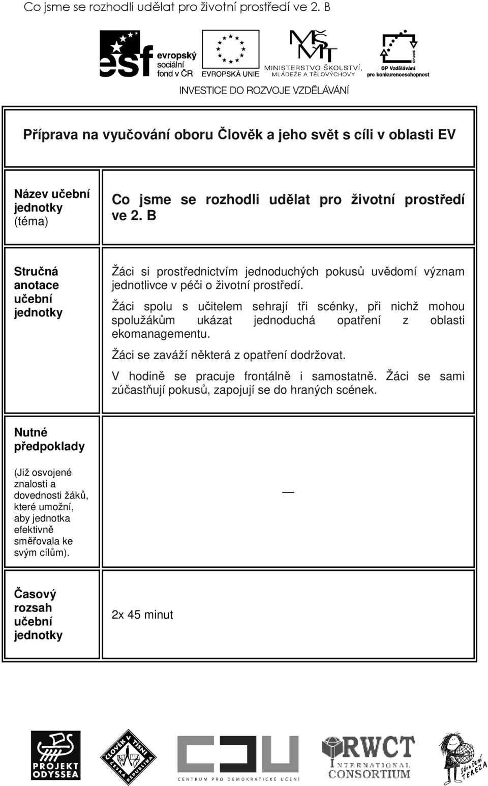 Žáci spolu s učitelem sehrají tři scénky, při nichž mohou spolužákům ukázat jednoduchá opatření z oblasti ekomanagementu. Žáci se zaváží některá z opatření dodržovat.