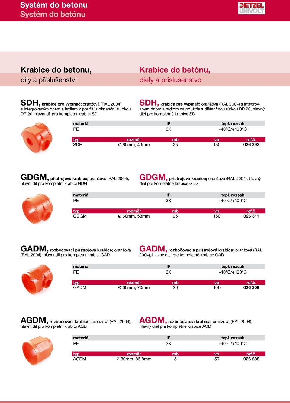 150 026 292 GDGM, přístrojová krabice; oranžová (RAL 2004), hlavní díl pro kompletní krabici GDG GDGM, prístrojová krabica; oranžová (RAL 2004), hlavný diel pre kompletné krabice GDG GDGM Ø 60mm,