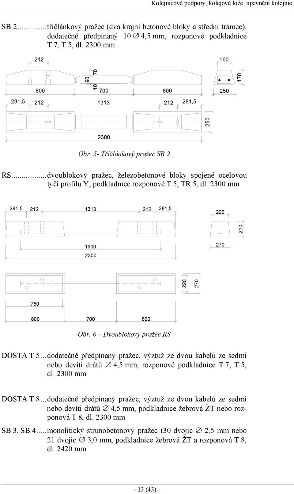 ..dvoublokový pražec, železobetonové bloky spojené ocelovou tyčí profilu Y, podkladnice rozponové T 5, TR 5, dl. 2300 mm 281,5 212 1313 212 281,5 220 1900 2300 220 270 210 270 750 800 700 800 Obr.