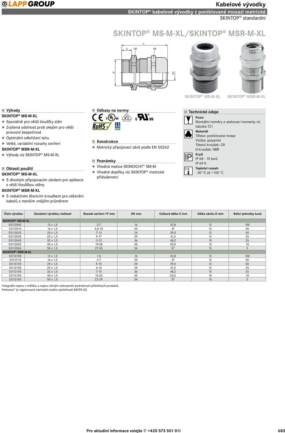 připojovacím závitem pro aplikace s větší tloušťkou stěny SKINTOP MSR-M-XL S redukčním těsnicím kroužkem pro utěsnění kabelů s menším vnějším průměrem Metrický připojovací závit podle EN 50262 Vhodná