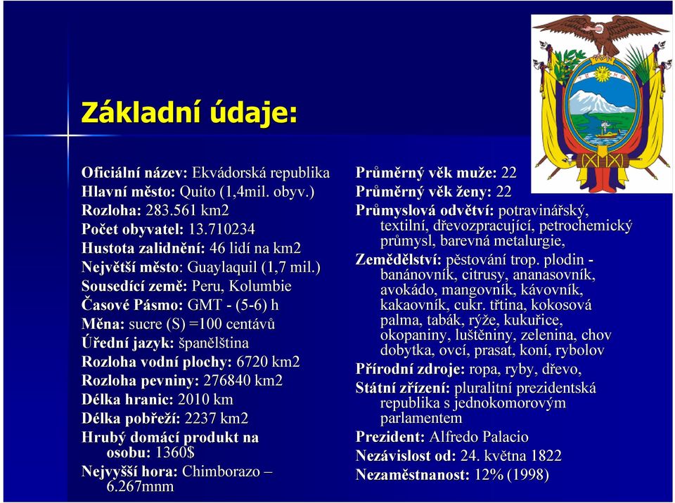 ) Sousedící země: Peru, Kolumbie Časové Pásmo: GMT - (5-6) h Měna: sucre (S) =100 centávů Úřední jazyk: španělština Rozloha vodní plochy: 6720 km2 Rozloha pevniny: 276840 km2 Délka hranic: 2010 km