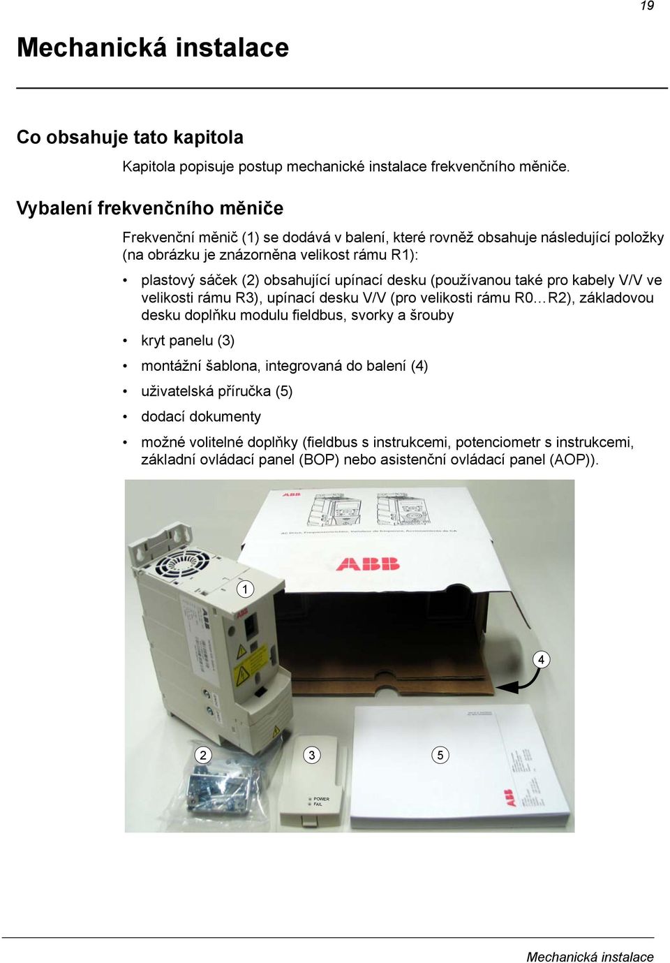 upínací desku (používanou také pro kabely V/V ve velikosti rámu R3), upínací desku V/V (pro velikosti rámu R0 R2), základovou desku doplňku modulu fieldbus, svorky a šrouby kryt panelu (3)