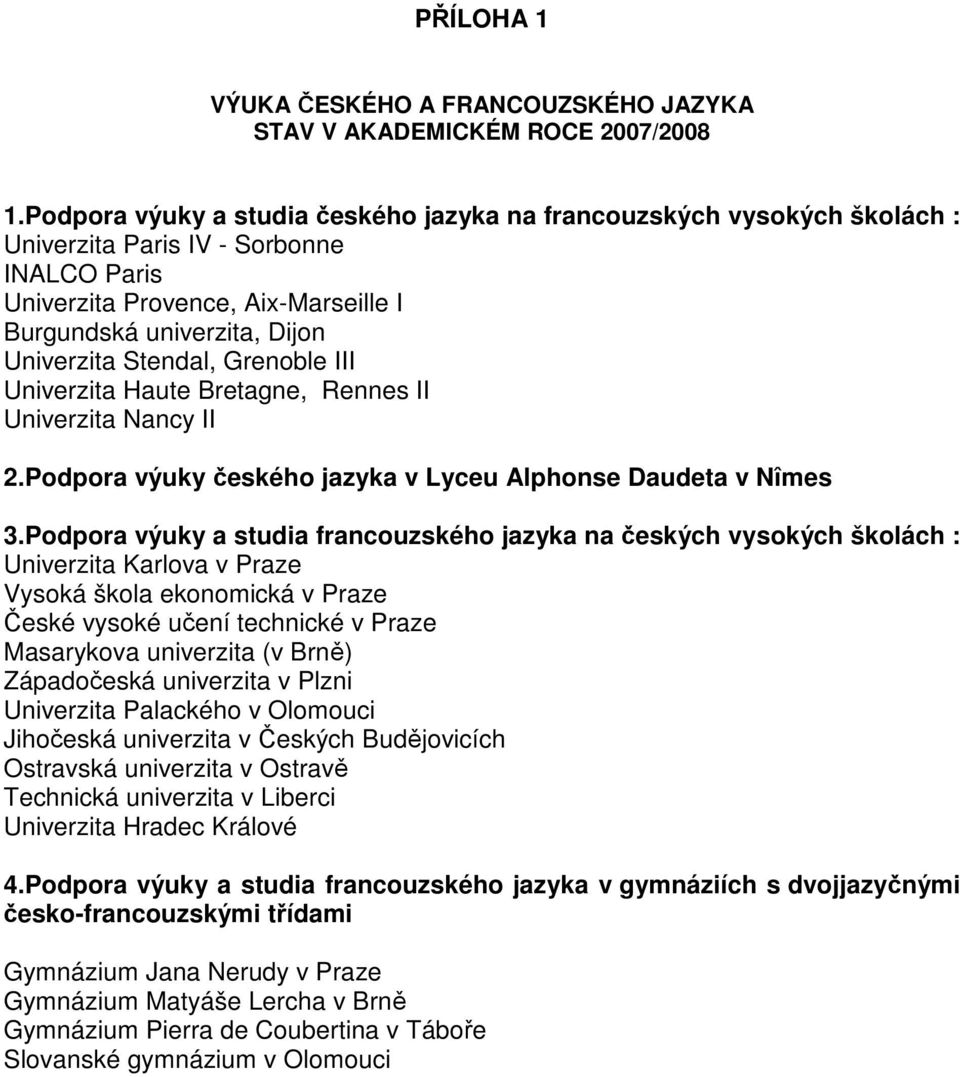 Stendal, Grenoble III Univerzita Haute Bretagne, Rennes II Univerzita Nancy II 2.Podpora výuky českého jazyka v Lyceu Alphonse Daudeta v Nîmes 3.