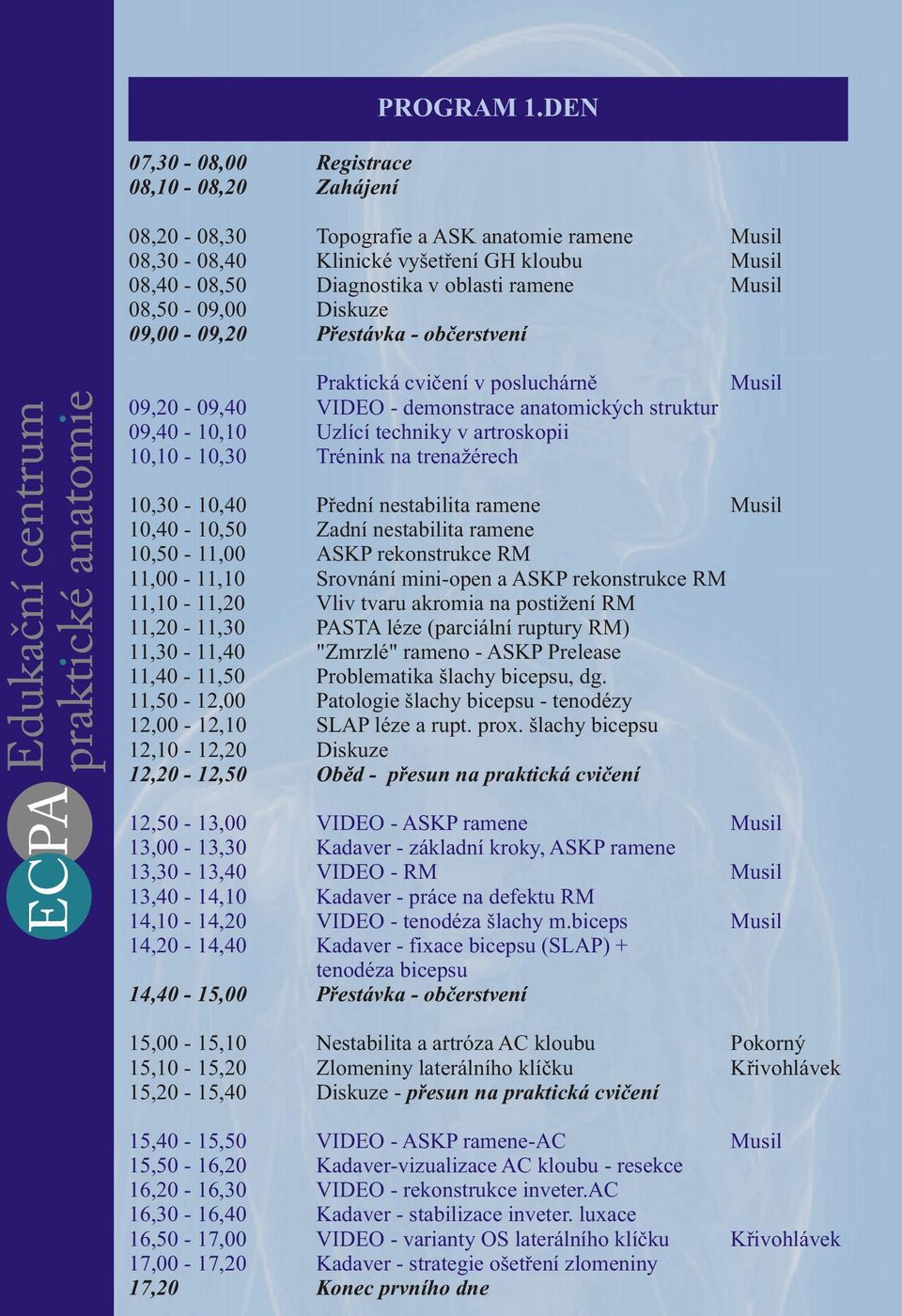 obèerstvení Praktická cvièení v posluchárnì 09,20-09,40 VIDEO - demonstrace anatomických struktur 09,40-10,10 Uzlící techniky v artroskopii 10,10-10,30 Trénink na trenažérech Musil 10,30-10,40 Pøední