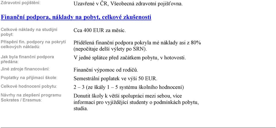 Erasmus: Cca 400 EUR za m síc. P id lená finan ní podpora pokryla mé náklady asi z 80% (nepo ítaje delší výlety po SRN). V jedné splátce p ed za átkem pobytu, v hotovosti.