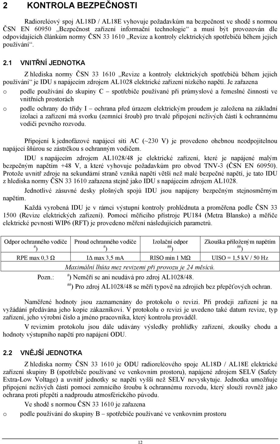 1 VNITŘNÍ JEDNOTKA Z hlediska normy ČSN 33 1610 Revize a kontroly elektrických spotřebičů během jejich používání je IDU s napájecím zdrojem AL1028 elektrické zařízení nízkého napětí.