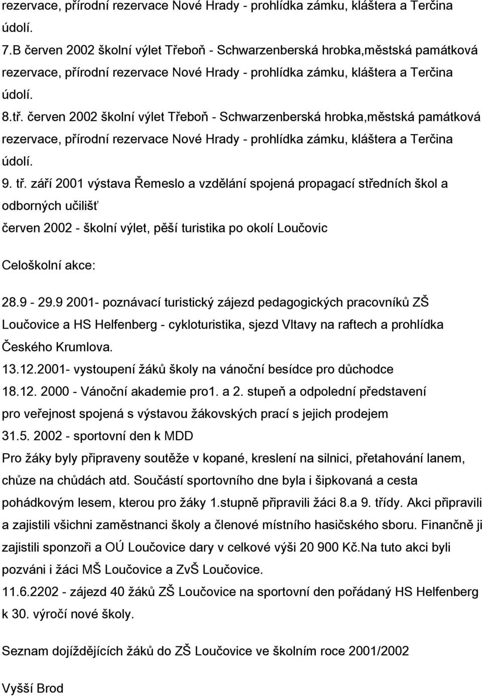 červen školní výlet Třeboň - Schwarzenberská hrobka,městská památková rezervace, přírodní rezervace Nové Hrady - prohlídka zámku, kláštera a Terčina údolí. 9. tř.