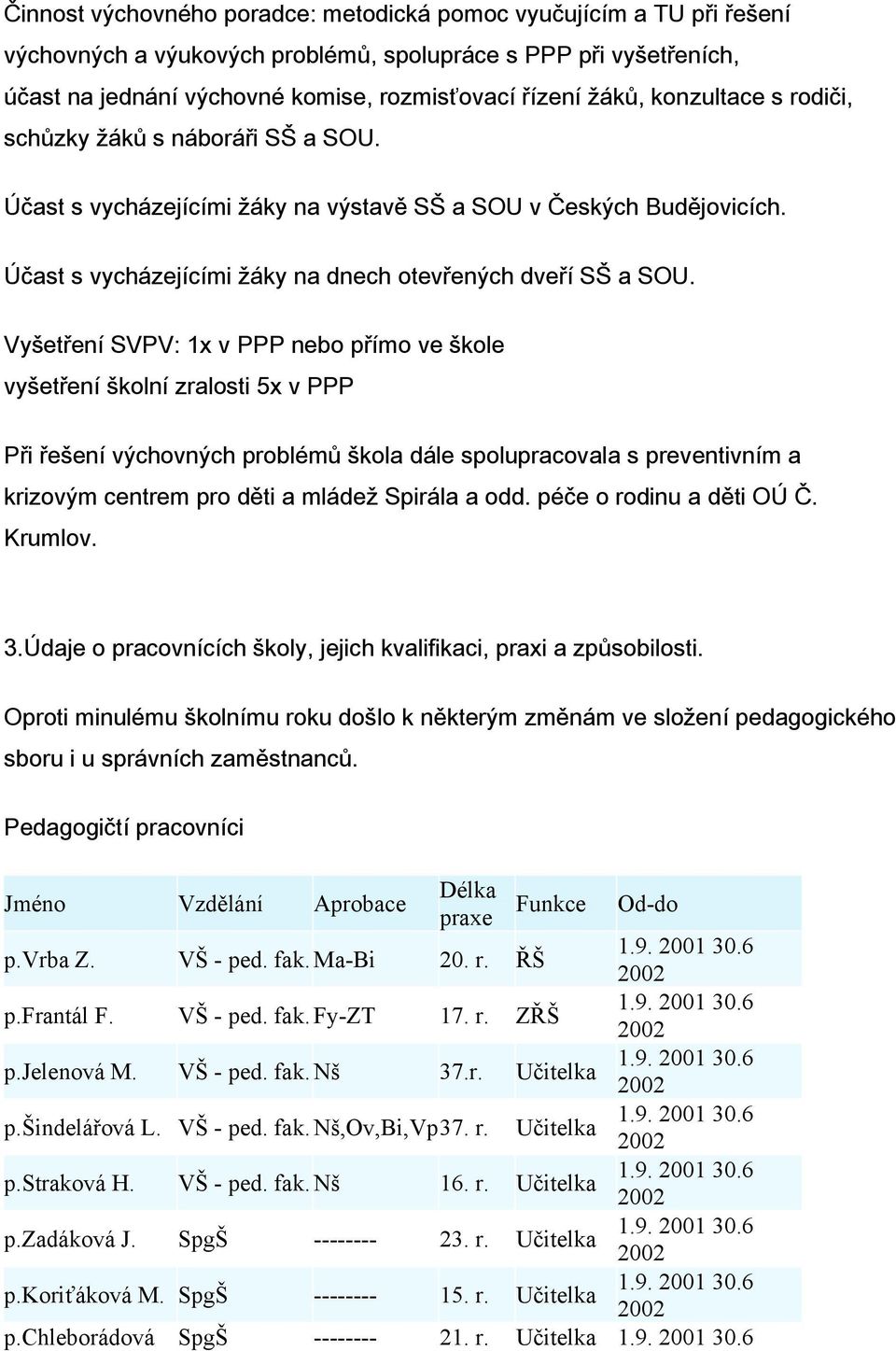 Vyšetření SVPV: 1x v PPP nebo přímo ve škole vyšetření školní zralosti 5x v PPP Při řešení výchovných problémů škola dále spolupracovala s preventivním a krizovým centrem pro děti a mládež Spirála a