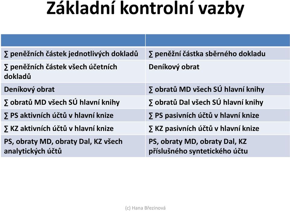 analytických účtů peněžní částka sběrného dokladu Deníkový obrat obratů MD všech SÚ hlavní knihy obratů Dal všech SÚ hlavní