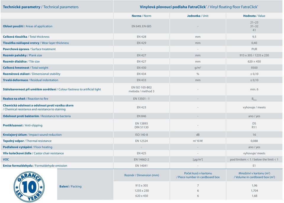 / Plank size EN 427 mm 915 x 305 / 1235 x 230 Rozměr dlaždice / Tile size EN 427 mm 620 450 Celková hmotnost / Total weight EN 430 g/m 2 9300 Rozměrová stálost / Dimensional stability EN 434 % 0,10