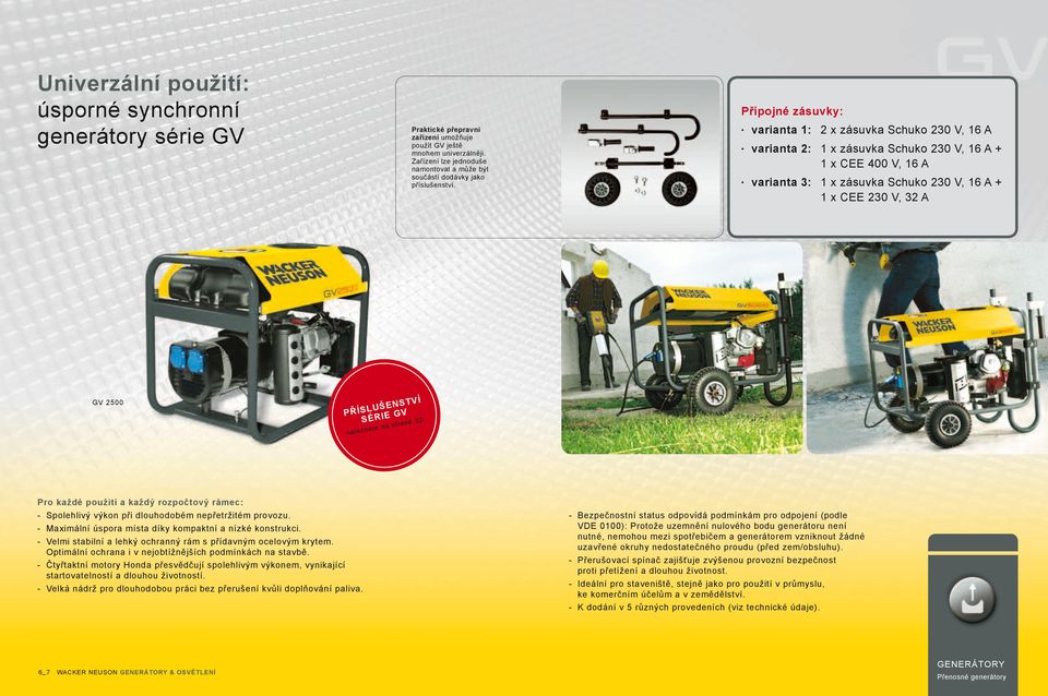 Přípojné zásuvky: varianta 1: 2 x zásuvka Schuko V, 16 A varianta 2: 1 x zásuvka Schuko V, 16 A + 1 x CEE 400 V, 16 A varianta 3: 1 x zásuvka Schuko V, 16 A + 1 x CEE V, 32 A GV 2500 PŘÍSLUŠENSTVÍ