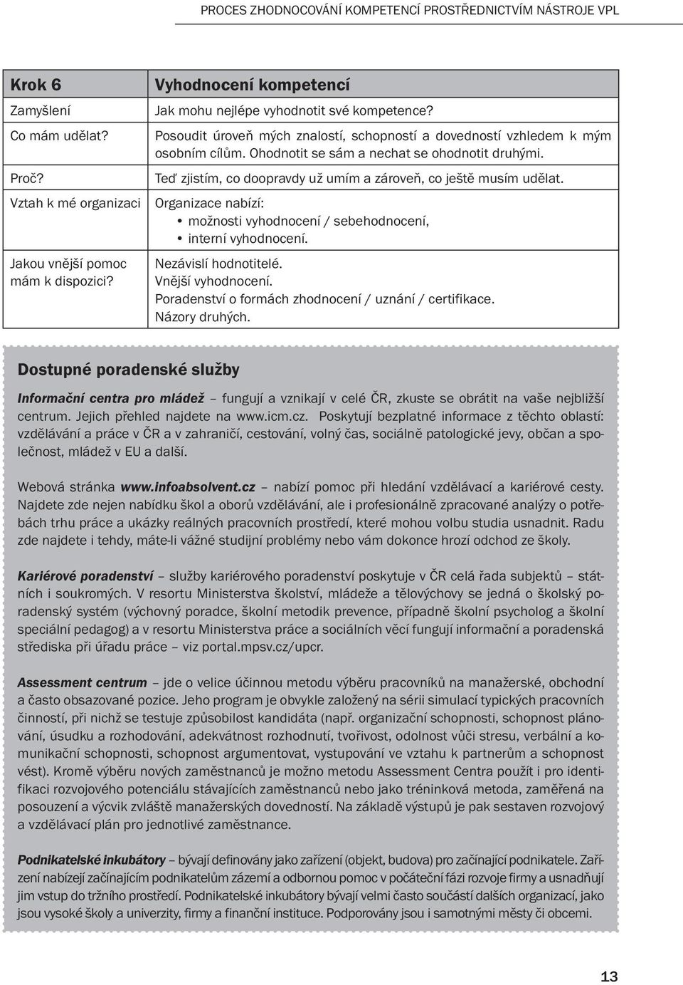 Teď zjistím, co doopravdy už umím a zároveň, co ještě musím udělat. Organizace nabízí: možnosti vyhodnocení / sebehodnocení, interní vyhodnocení. Nezávislí hodnotitelé. Vnější vyhodnocení.