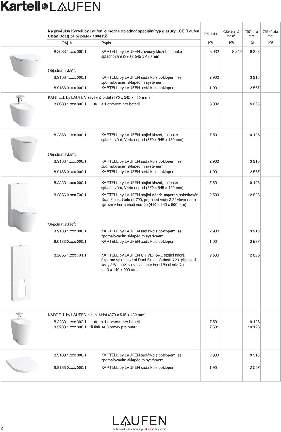 9133.1.xxx.000.1 KARTELL by LAUFEN sedátko s poklopem, se 2 900 3 915 zpomalovacím sklápěcím systémem 8.9133.0.xxx.000.1 KARTELL by LAUFEN sedátko s poklopem 1 901 2 567 8.2333.1.xxx.000.1 8.2866.0.xxx.730.