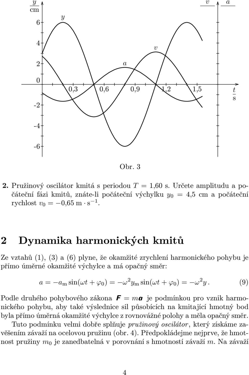 2 Dynamika harmonických kmitů Ze vztahů(1),(3) a(6) plyne, že okamžité zrychlení harmonického pohybu je přímo úměrné okamžité výchylce a má opačný směr: a= a m sin(ωt+ϕ 0 )= ω 2 y m sin(ωt+ϕ 0 )= ω 2