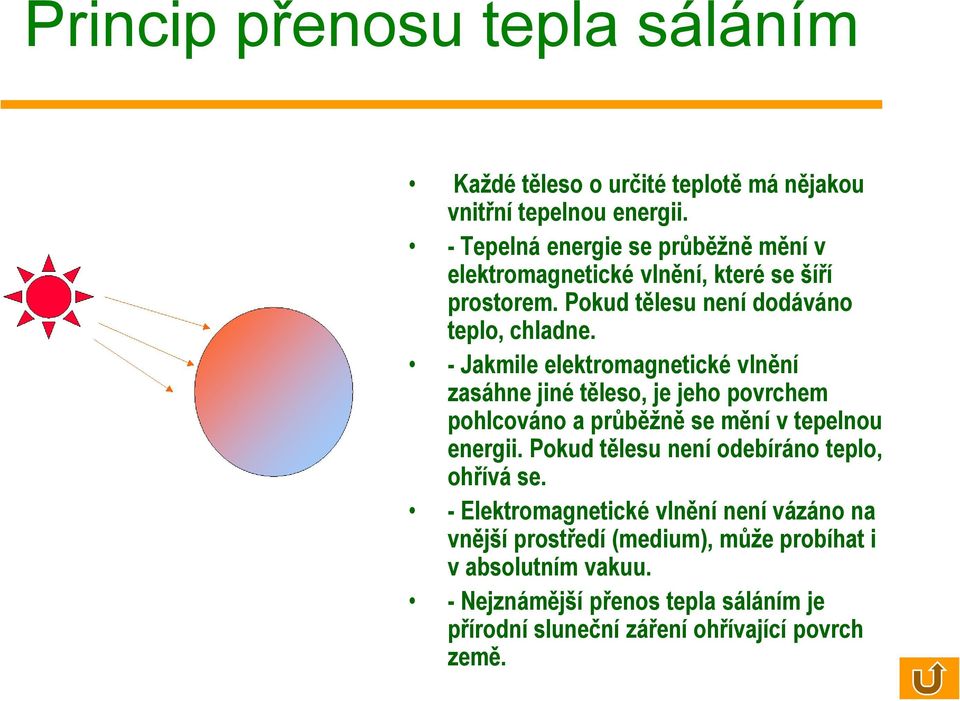 - Jakmile elektromagnetické vlnění zasáhne jiné těleso, je jeho povrchem pohlcováno a průběžně se mění v tepelnou energii.