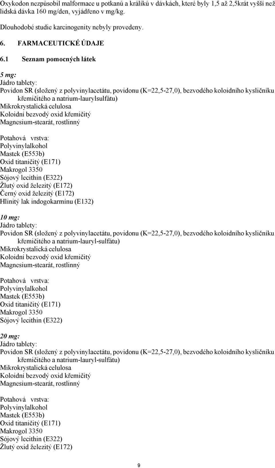 1 Seznam pomocných látek 5 mg: Jádro tablety: Povidon SR (složený z polyvinylacetátu, povidonu (K=22,5-27,0), bezvodého koloidního kysličníku křemičitého a natrium-laurylsulfátu) Mikrokrystalická