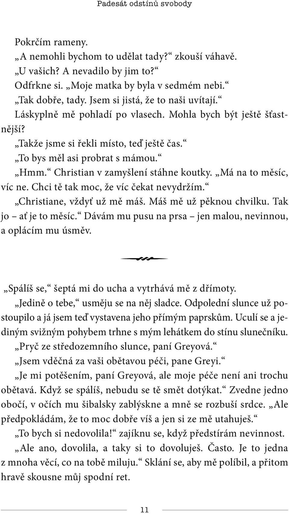 Christian v zamyšlení stáhne koutky. Má na to měsíc, víc ne. Chci tě tak moc, že víc čekat nevydržím. Christiane, vždyť už mě máš. Máš mě už pěknou chvilku. Tak jo ať je to měsíc.