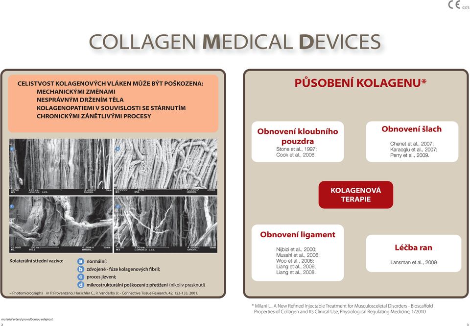 c d KOLAGENOVÁ TERAPIE Kolaterální střední vazivo: normální; zdvojené - fúze kolagenových fibril; ces jizvení; mikrostrukturální poškození z přetížení (nikoliv prasknutí) Photomicrographs in P.