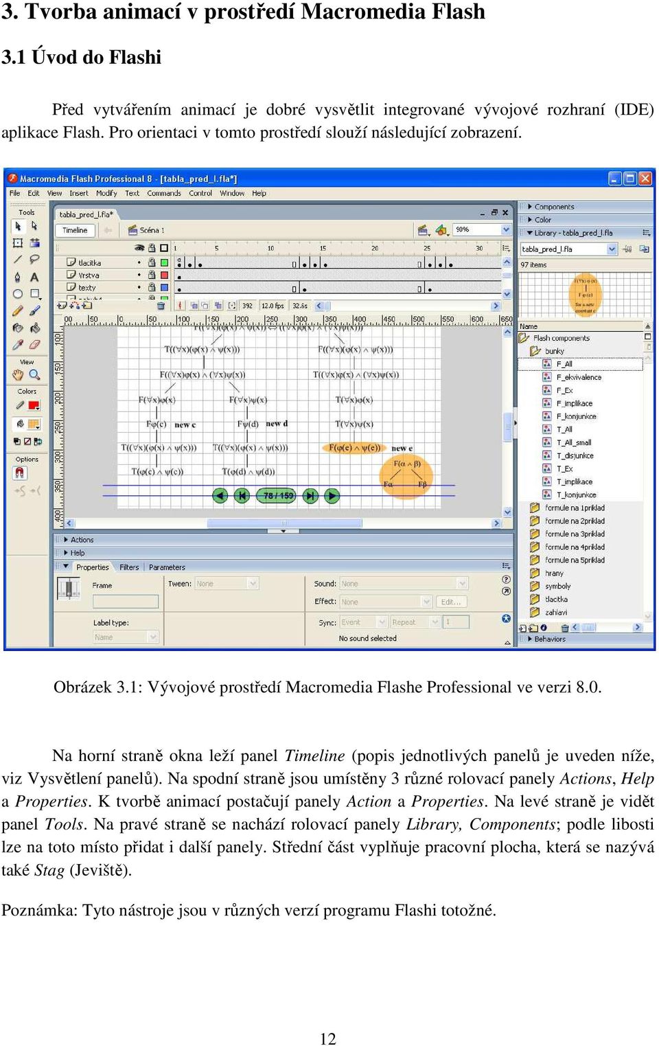 Na horní straně okna leží panel Timeline (popis jednotlivých panelů je uveden níže, viz Vysvětlení panelů). Na spodní straně jsou umístěny 3 různé rolovací panely Actions, Help a Properties.