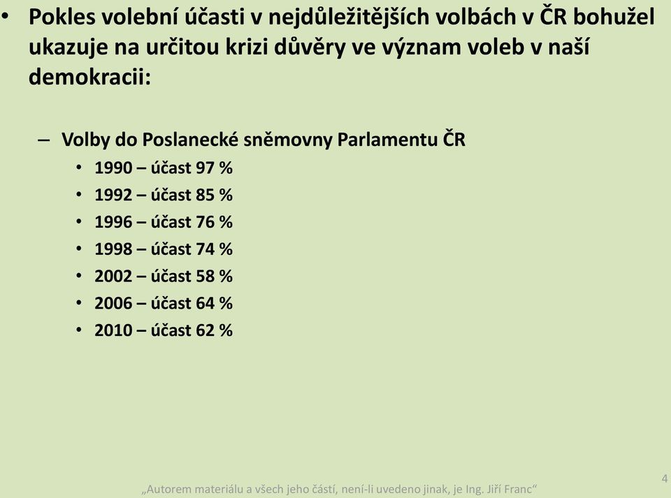 Poslanecké sněmovny Parlamentu ČR 1990 účast 97 % 1992 účast 85 % 1996